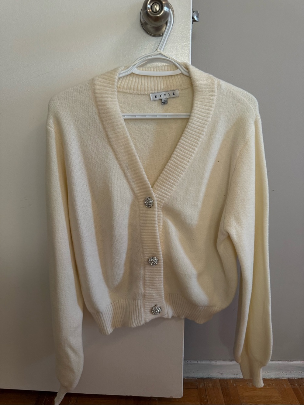 HYFVE Cream V-Neck Jeweled Button Cardigan